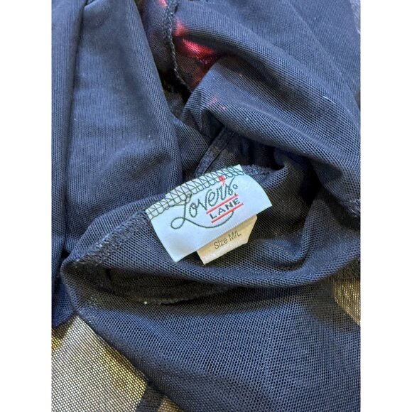 90s Black Sheer Mesh Lingerie Babydoll Red Ribbon Accent M/L - Picture 5 of 6